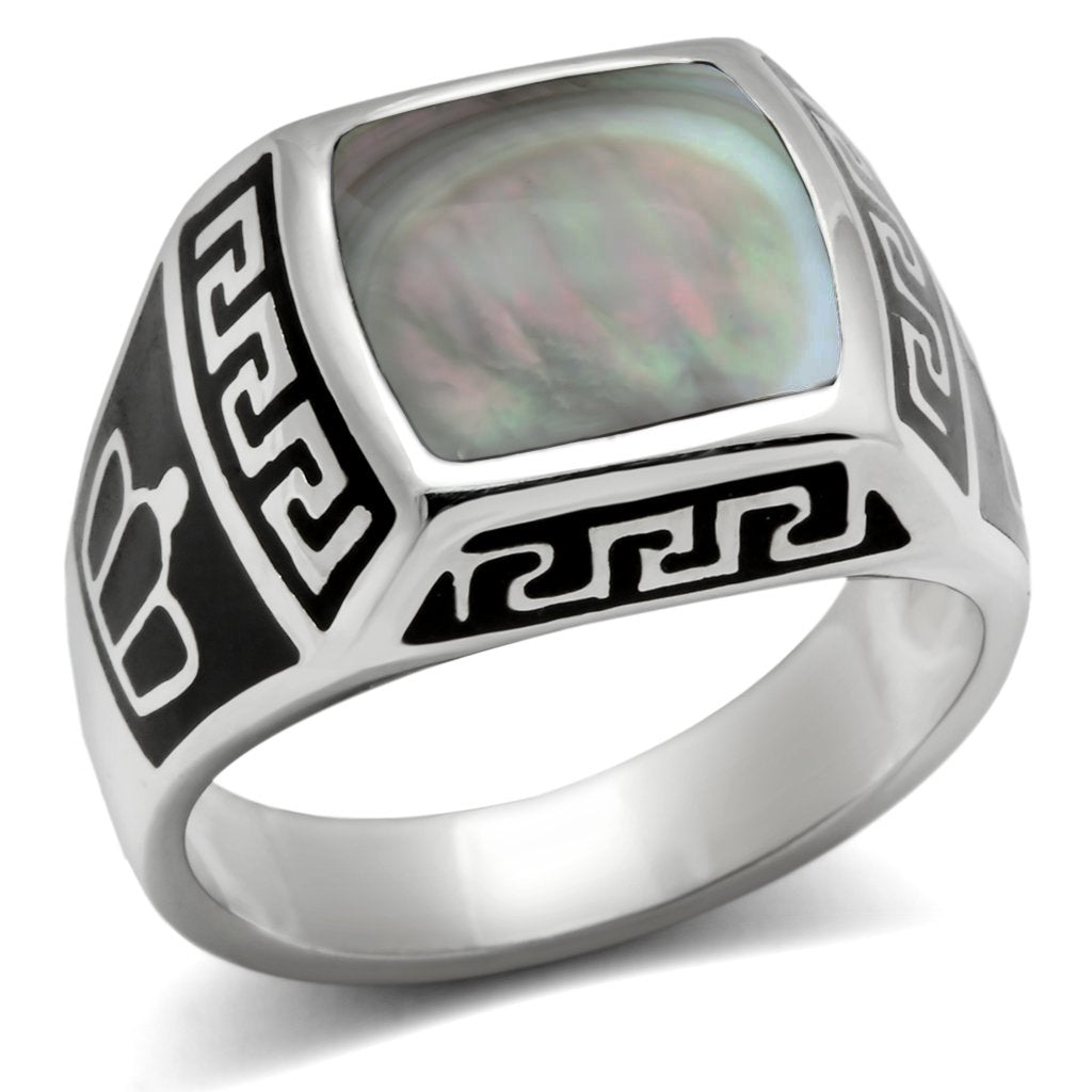 MATK325 - High polished (no plating) Stainless Steel Ring with Precious Stone Conch in Gray