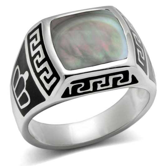 MATK325 - High polished (no plating) Stainless Steel Ring with Precious Stone Conch in Gray