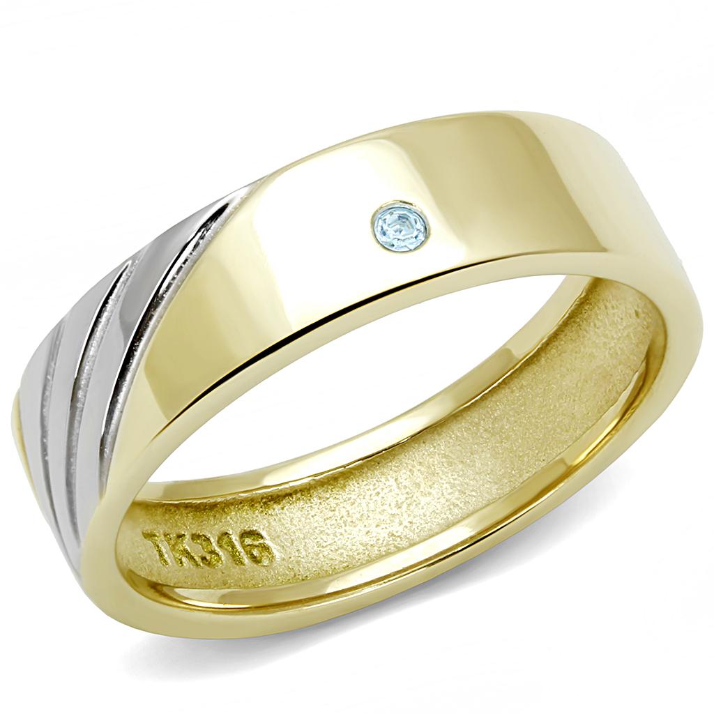 MATK3267 - Two-Tone IP Gold (Ion Plating) Stainless Steel Ring with Top Grade Crystal  in Sea Blue