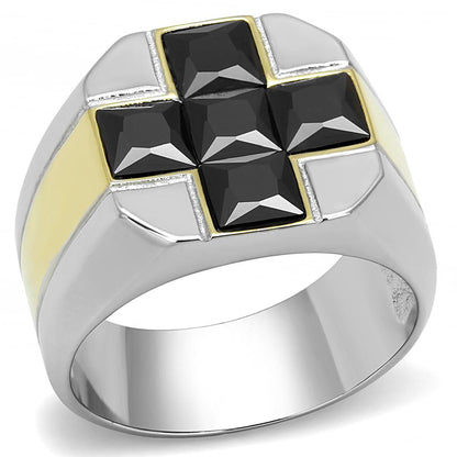 MATK3271 - Two-Tone IP Gold (Ion Plating) Stainless Steel Ring with AAA Grade CZ  in Black Diamond