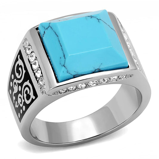 MATK3274 High polished (no plating) Stainless Steel Ring with Synthetic in Sea Blue