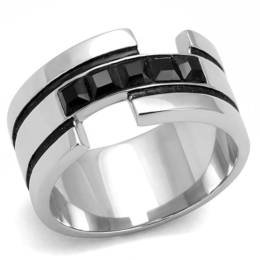 MATK3284 - High polished (no plating) Stainless Steel Ring with Top Grade Crystal  in Jet