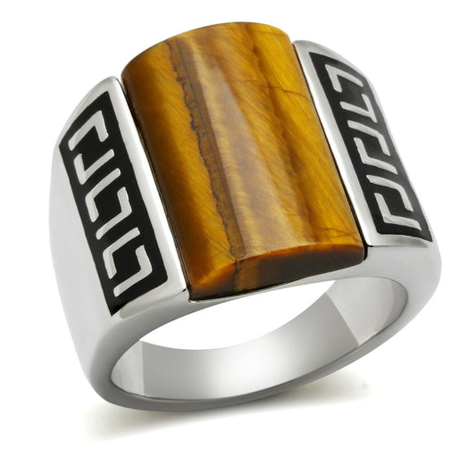 MATK328 - High polished (no plating) Stainless Steel Ring with Semi-Precious Tiger Eye in Smoked Quartz