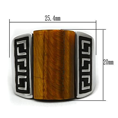 MATK328 - High polished (no plating) Stainless Steel Ring with Semi-Precious Tiger Eye in Smoked Quartz