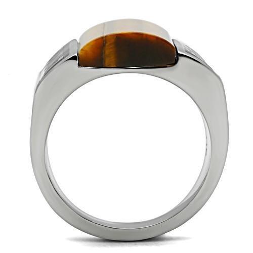 MATK328 - High polished (no plating) Stainless Steel Ring with Semi-Precious Tiger Eye in Smoked Quartz