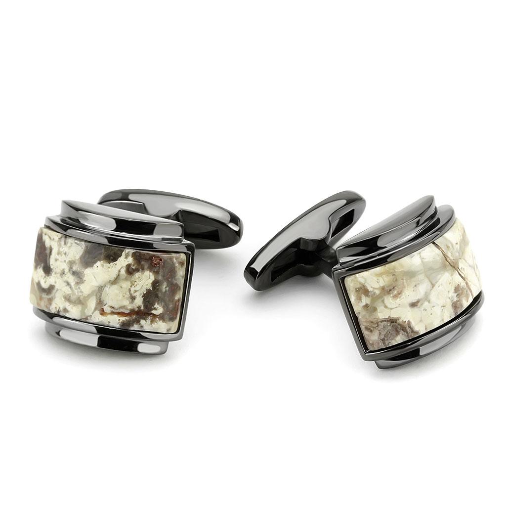 MATK3290 - IP Light Black  (IP Gun) Stainless Steel Cufflink with Semi-Precious Oligoclase in Animal pattern