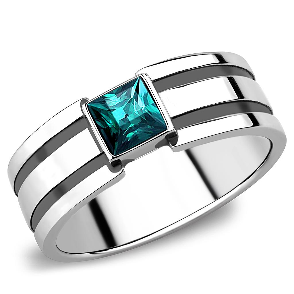 MATK3291 - High polished (no plating) Stainless Steel Ring with Top Grade Crystal  in Blue Zircon