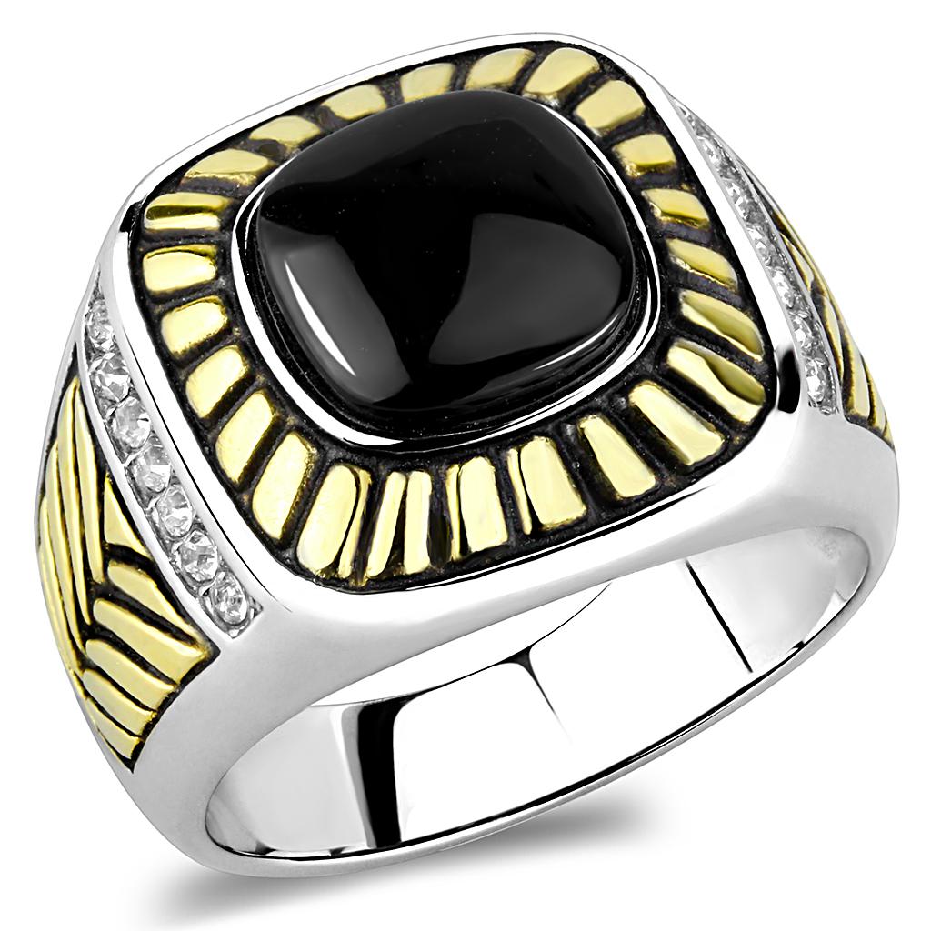 MATK3294 - Two-Tone IP Gold (Ion Plating) Stainless Steel Ring with Synthetic Onyx in Jet