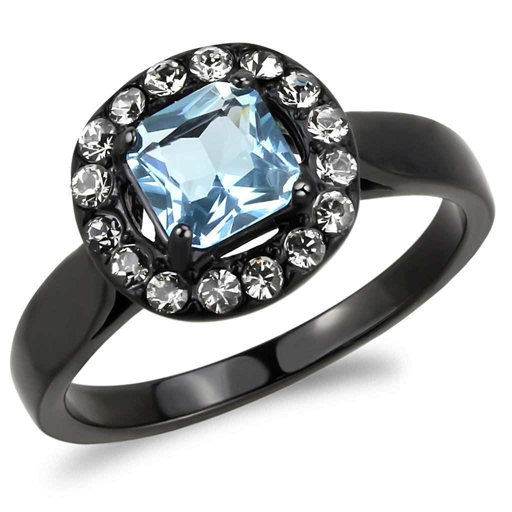 MATK3443 - IP Black(Ion Plating) Stainless Steel Ring with Synthetic Synthetic Glass in Sea Blue