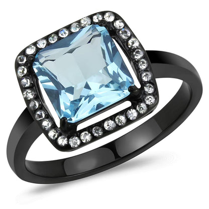 MATK3447 - IP Black(Ion Plating) Stainless Steel Ring with Synthetic Synthetic Glass in Sea Blue