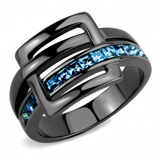 MATK3451 - IP Light Black  (IP Gun) Stainless Steel Ring with Top Grade Crystal  in Sea Blue