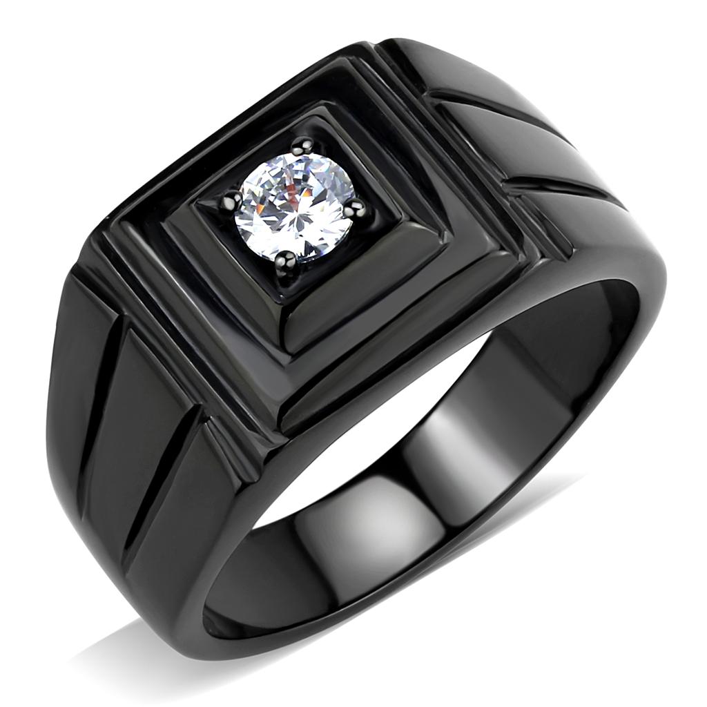 MATK3466 - IP Black(Ion Plating) Stainless Steel Ring with AAA Grade CZ  in Clear