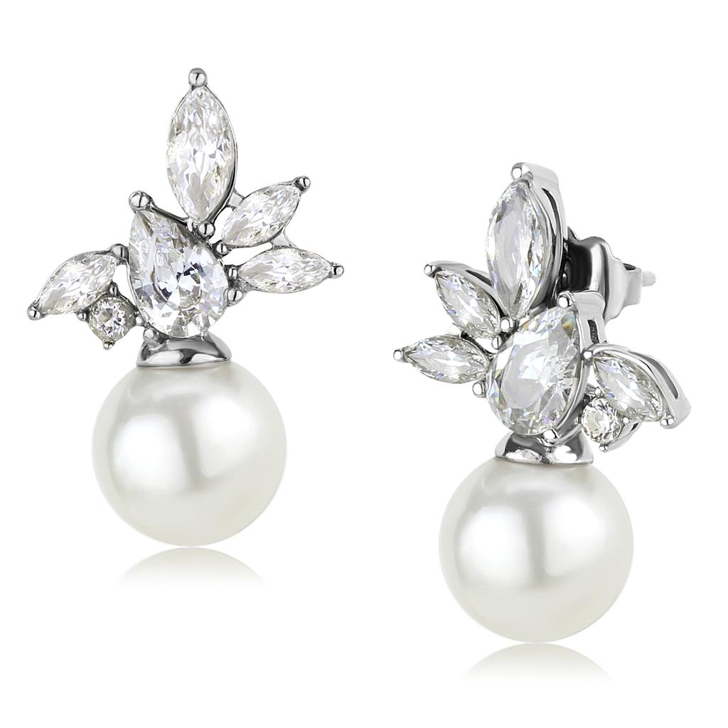 MATK3478 - High polished (no plating) Stainless Steel Earrings with Synthetic Pearl in White