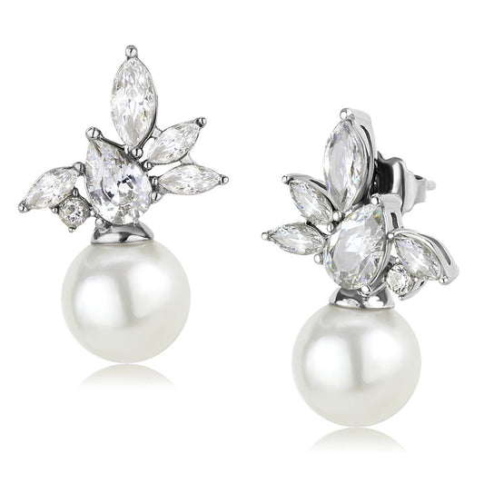 MATK3478 - High polished (no plating) Stainless Steel Earrings with Synthetic Pearl in White