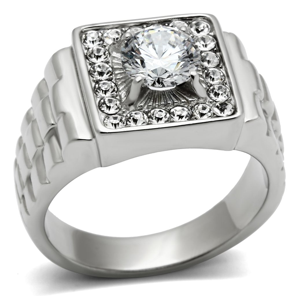 MATK347 - High polished (no plating) Stainless Steel Ring with AAA Grade CZ  in Clear