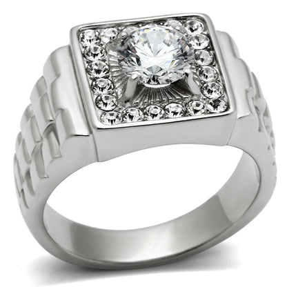MATK347 - High polished (no plating) Stainless Steel Ring with AAA Grade CZ  in Clear