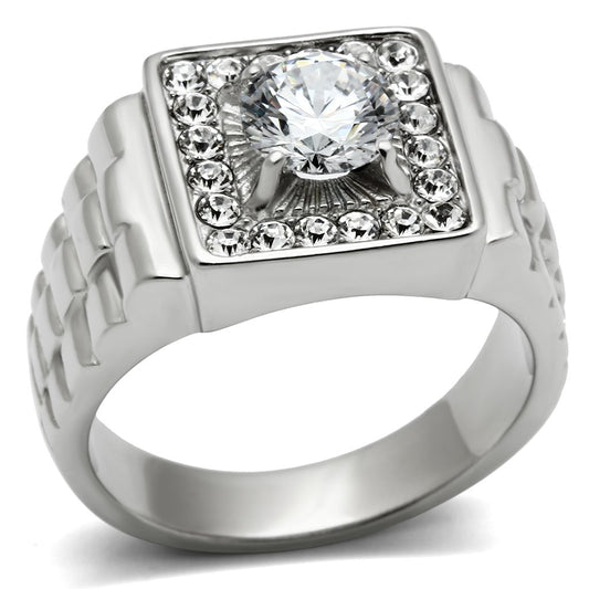 MATK347 - High polished (no plating) Stainless Steel Ring with AAA Grade CZ  in Clear
