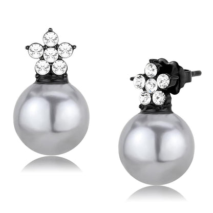MATK3482 - IP Black(Ion Plating) Stainless Steel Earrings with Synthetic Pearl in Light Gray