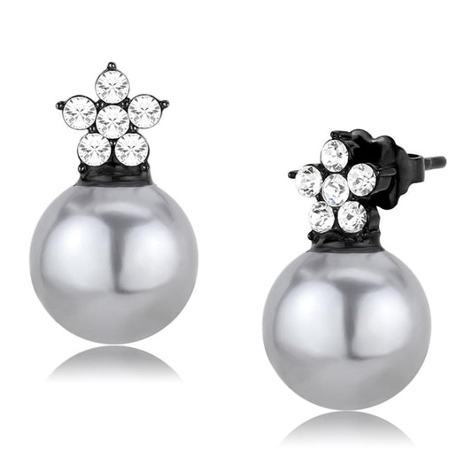 MATK3482 - IP Black(Ion Plating) Stainless Steel Earrings with Synthetic Pearl in Light Gray