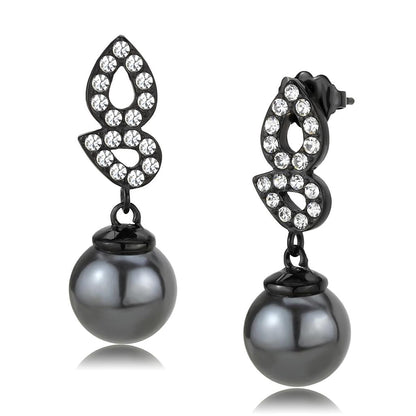 MATK3483 - IP Black(Ion Plating) Stainless Steel Earrings with Synthetic Pearl in Gray