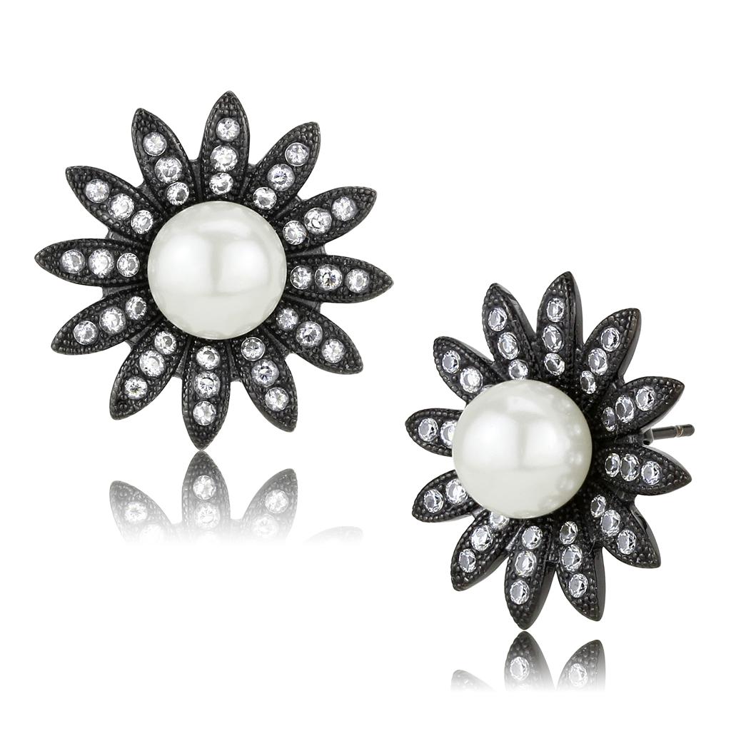 MATK3484 - IP Black(Ion Plating) Stainless Steel Earrings with Synthetic Pearl in White