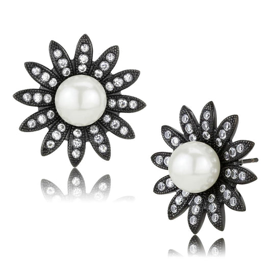 MATK3484 - IP Black(Ion Plating) Stainless Steel Earrings with Synthetic Pearl in White