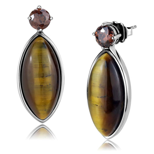 MATK3488 - High polished (no plating) Stainless Steel Earrings with Semi-Precious Tiger Eye in Topaz