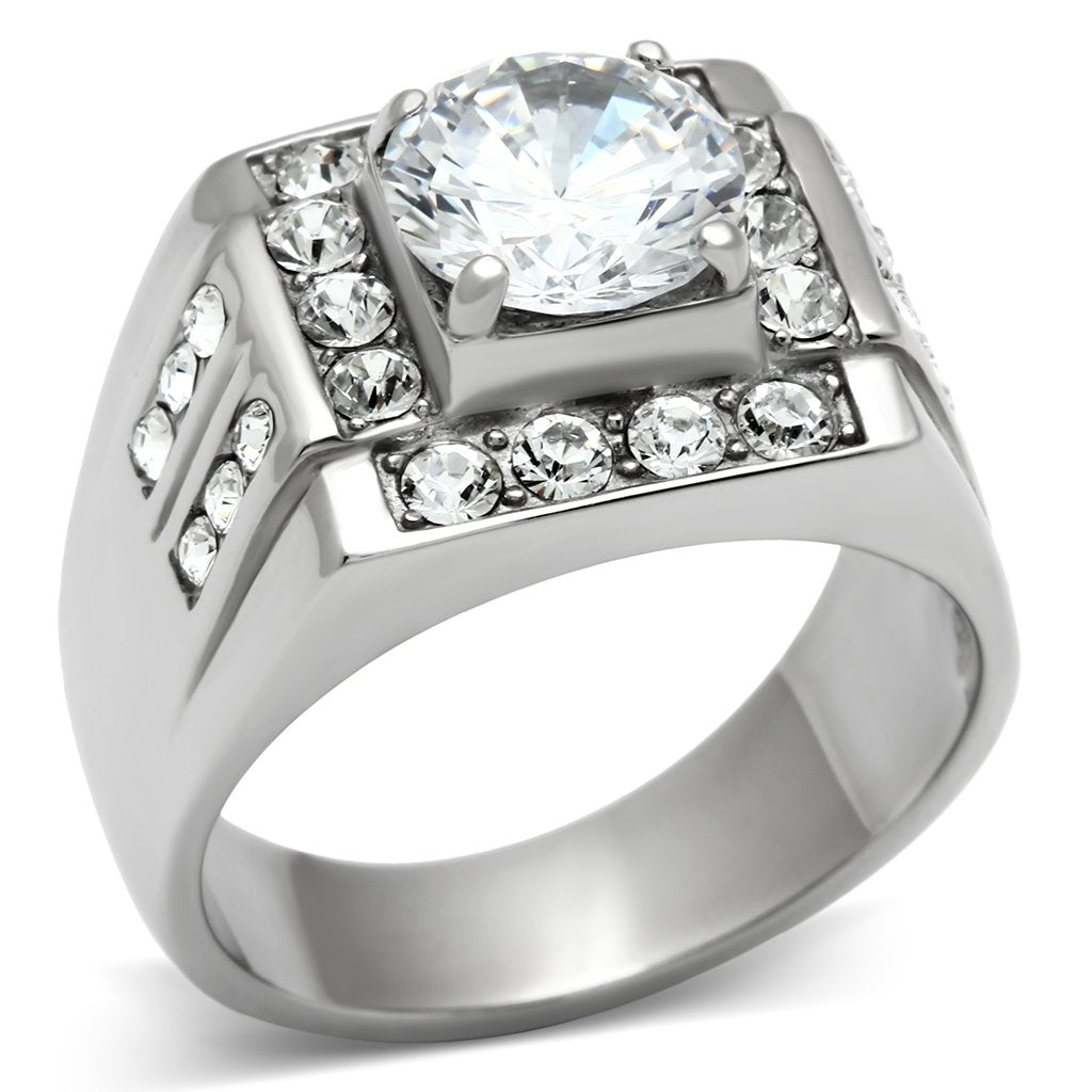 MATK348 - High polished (no plating) Stainless Steel Ring with AAA Grade CZ  in Clear