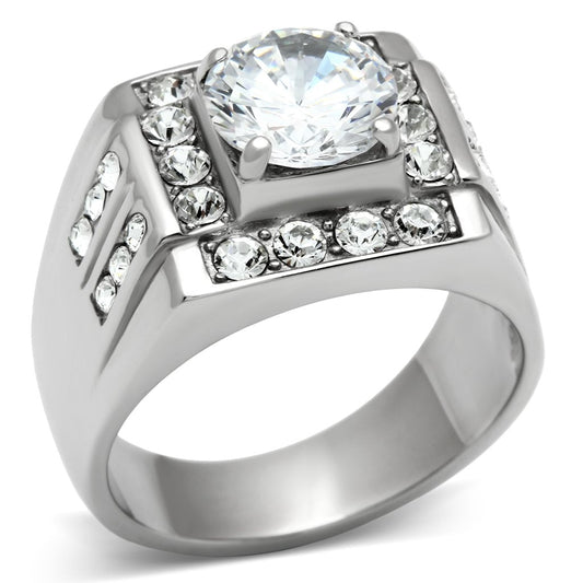 MATK348 - High polished (no plating) Stainless Steel Ring with AAA Grade CZ  in Clear
