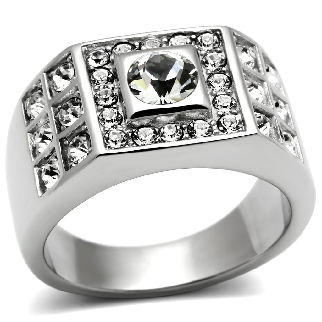 MATK350 - High polished (no plating) Stainless Steel Ring with Top Grade Crystal  in Clear