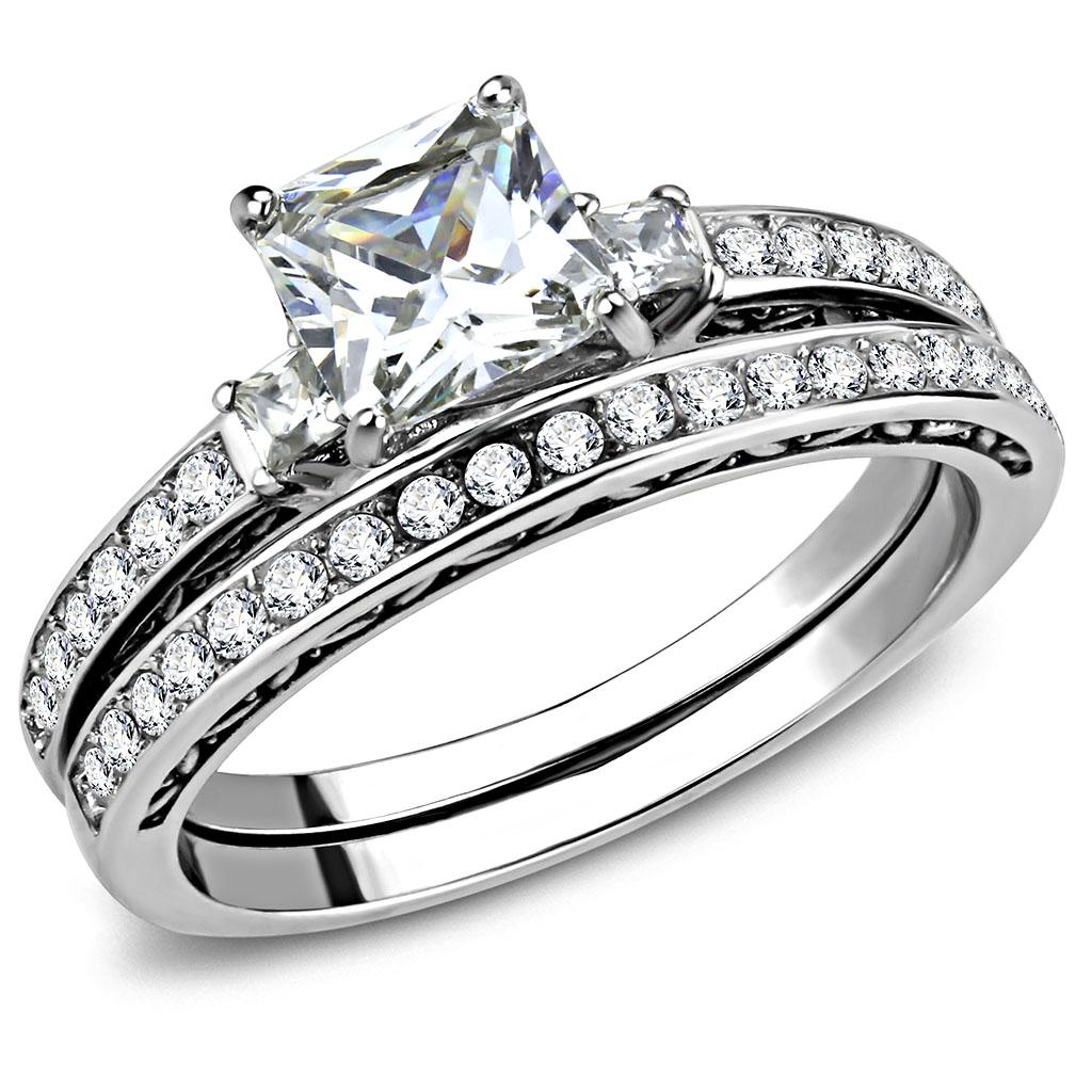 MATK3510 - High polished (no plating) Stainless Steel Ring with AAA Grade CZ  in Clear