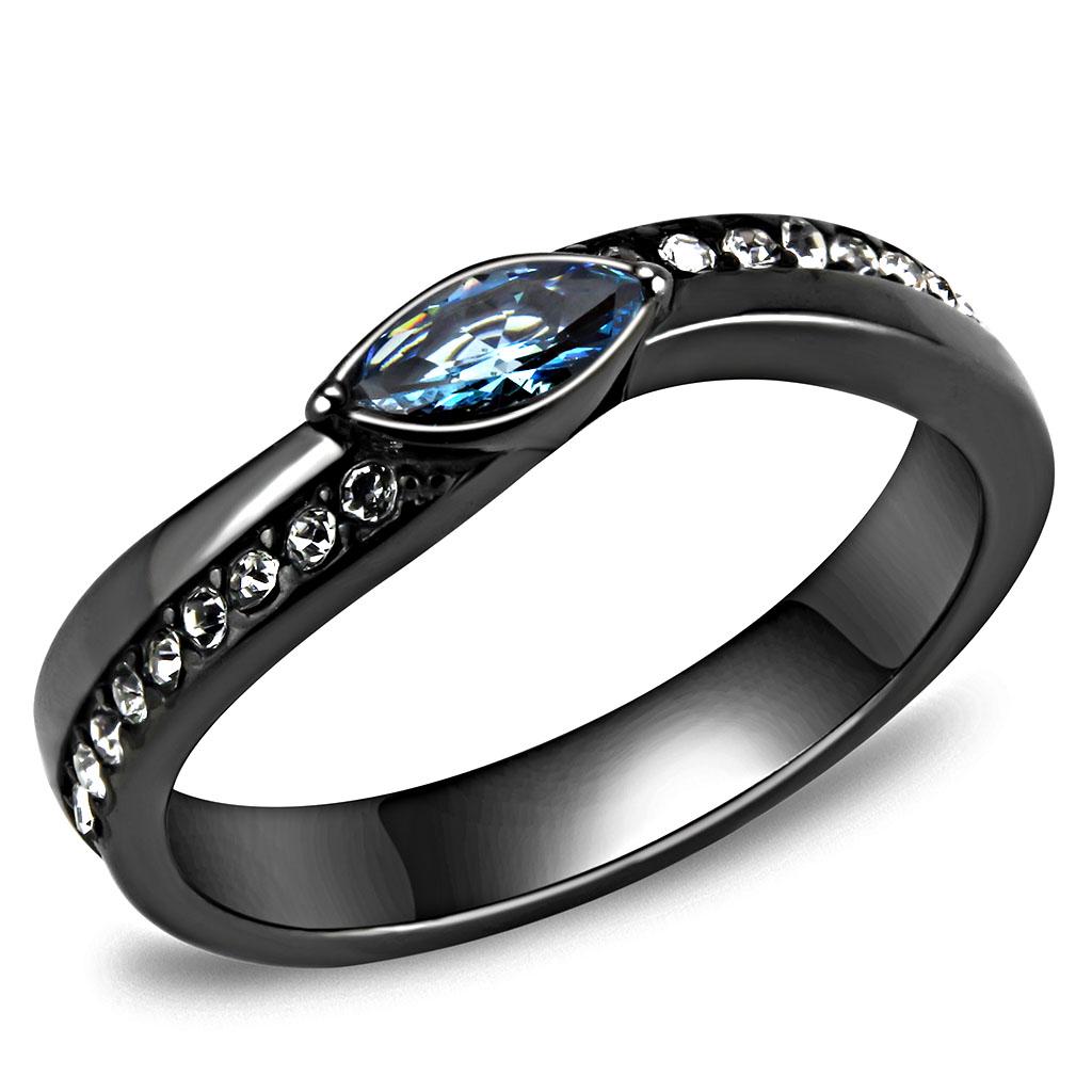 MATK3511 - IP Light Black  (IP Gun) Stainless Steel Ring with AAA Grade CZ  in Sea Blue