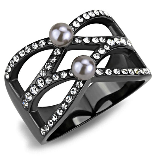 MATK3515 - IP Light Black  (IP Gun) Stainless Steel Ring with Synthetic Pearl in Gray