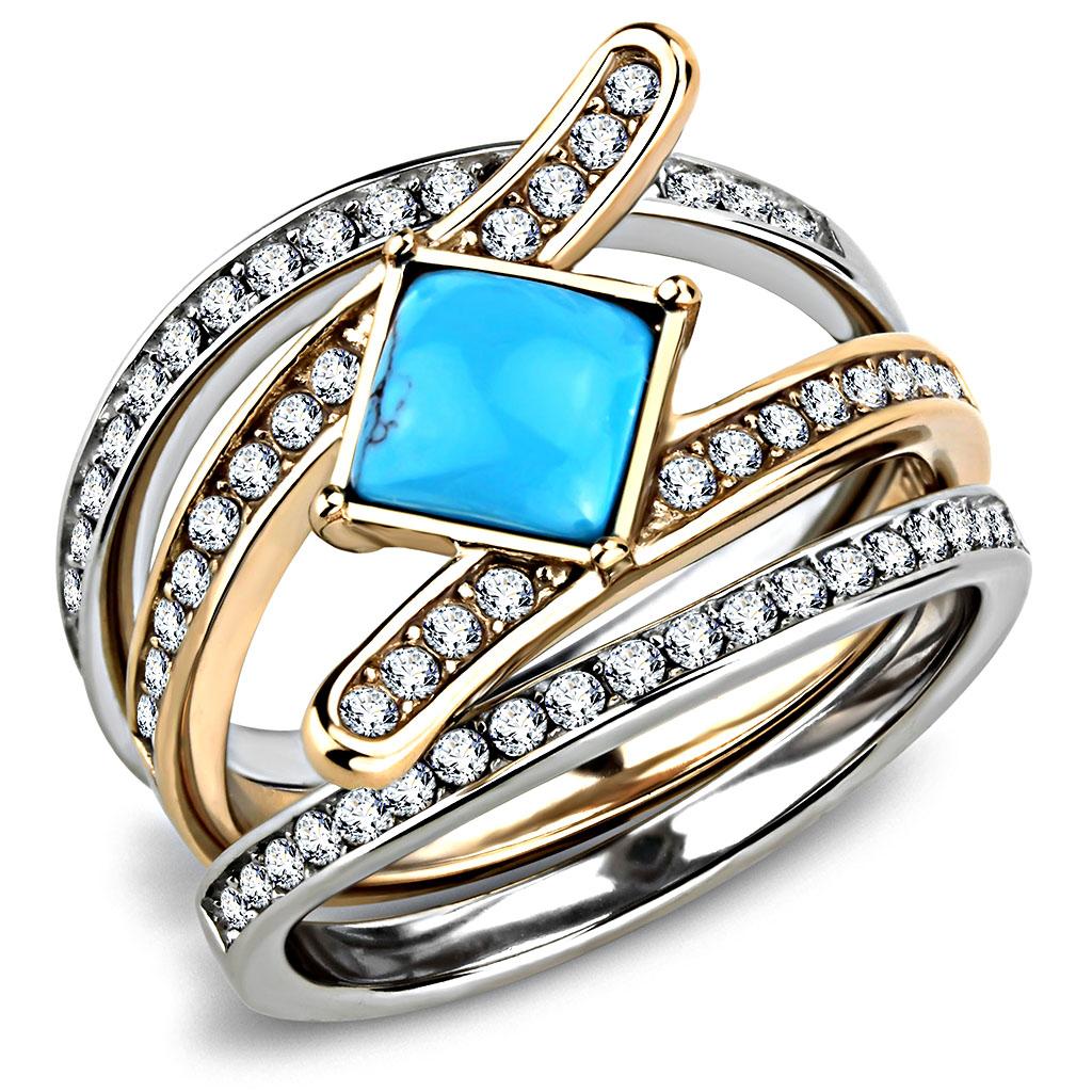 MATK3519 - Two-Tone IP Rose Gold Stainless Steel Ring with Synthetic Turquoise in Sea Blue