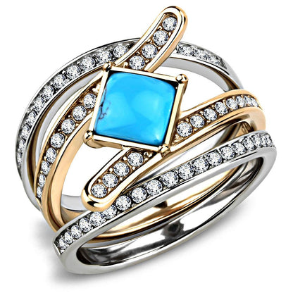 MATK3519 - Two-Tone IP Rose Gold Stainless Steel Ring with Synthetic Turquoise in Sea Blue