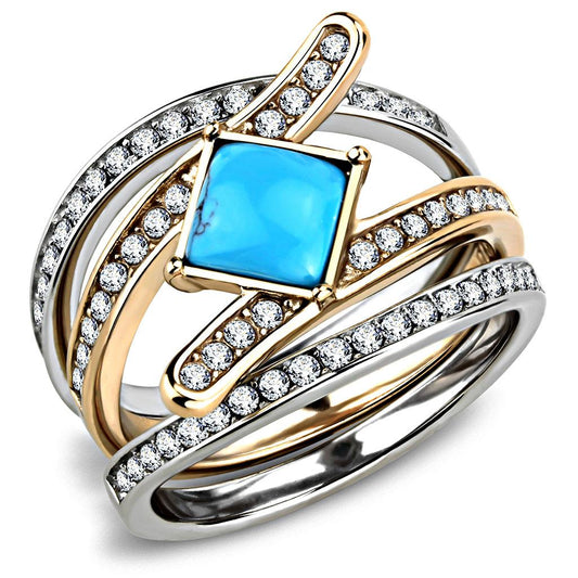 MATK3519 - Two-Tone IP Rose Gold Stainless Steel Ring with Synthetic Turquoise in Sea Blue