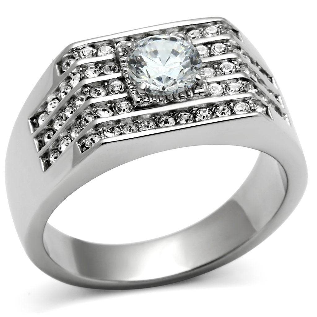 MATK351 - High polished (no plating) Stainless Steel Ring with AAA Grade CZ  in Clear