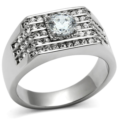 MATK351 - High polished (no plating) Stainless Steel Ring with AAA Grade CZ  in Clear