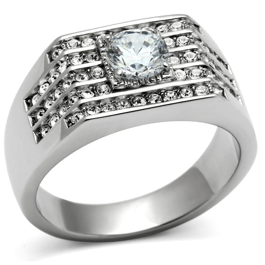 MATK351 - High polished (no plating) Stainless Steel Ring with AAA Grade CZ  in Clear