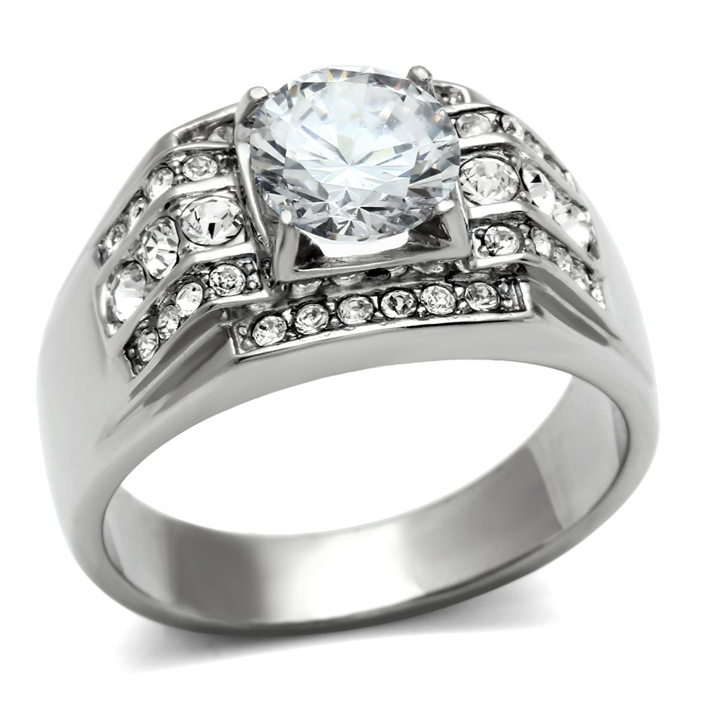 MATK352 - High polished (no plating) Stainless Steel Ring with AAA Grade CZ  in Clear