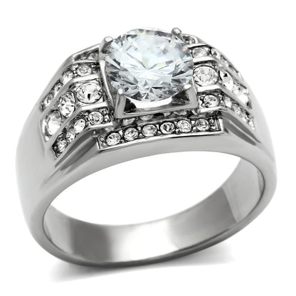 MATK352 - High polished (no plating) Stainless Steel Ring with AAA Grade CZ  in Clear