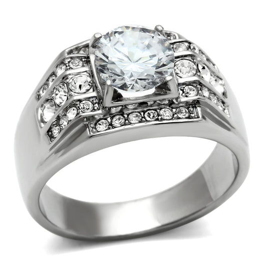 MATK352 - High polished (no plating) Stainless Steel Ring with AAA Grade CZ  in Clear