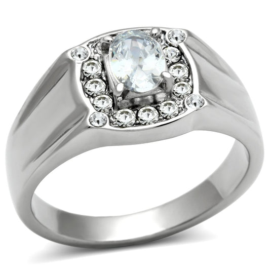 MATK353 - High polished (no plating) Stainless Steel Ring with AAA Grade CZ  in Clear