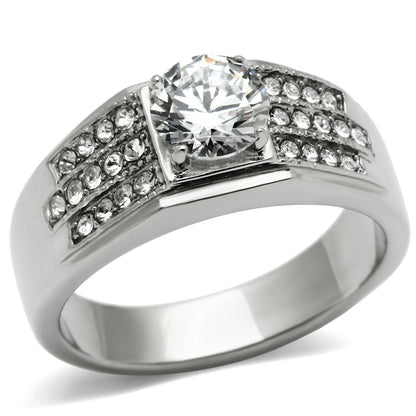 MATK354 - High polished (no plating) Stainless Steel Ring with AAA Grade CZ  in Clear