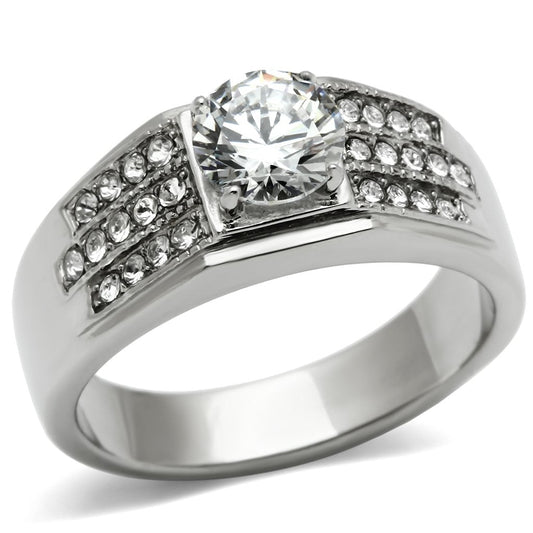 MATK354 - High polished (no plating) Stainless Steel Ring with AAA Grade CZ  in Clear
