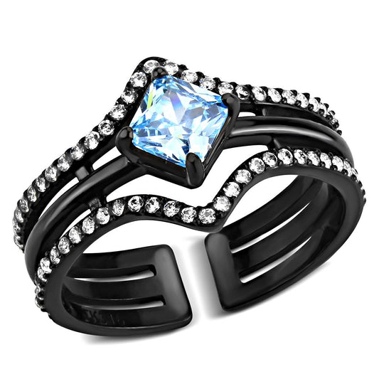 MATK3562 - IP Black(Ion Plating) Stainless Steel Ring with AAA Grade CZ  in Sea Blue
