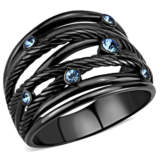MATK3564 - IP Black(Ion Plating) Stainless Steel Ring with Top Grade Crystal  in Sea Blue