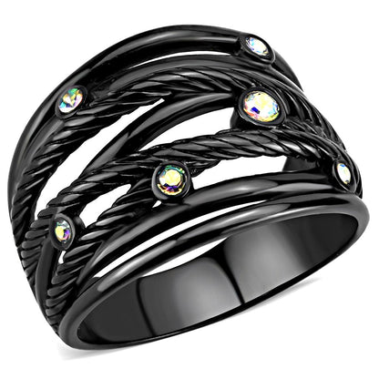 MATK3566 - IP Black(Ion Plating) Stainless Steel Ring with Top Grade Crystal  in Aurora Borealis (Rainbow Effect)
