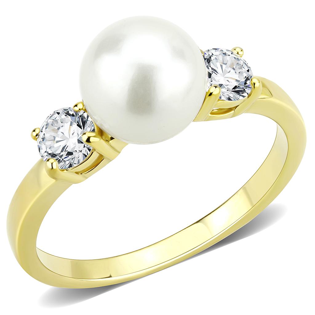 MATK3567 - IP Gold(Ion Plating) Stainless Steel Ring with Synthetic Pearl in White