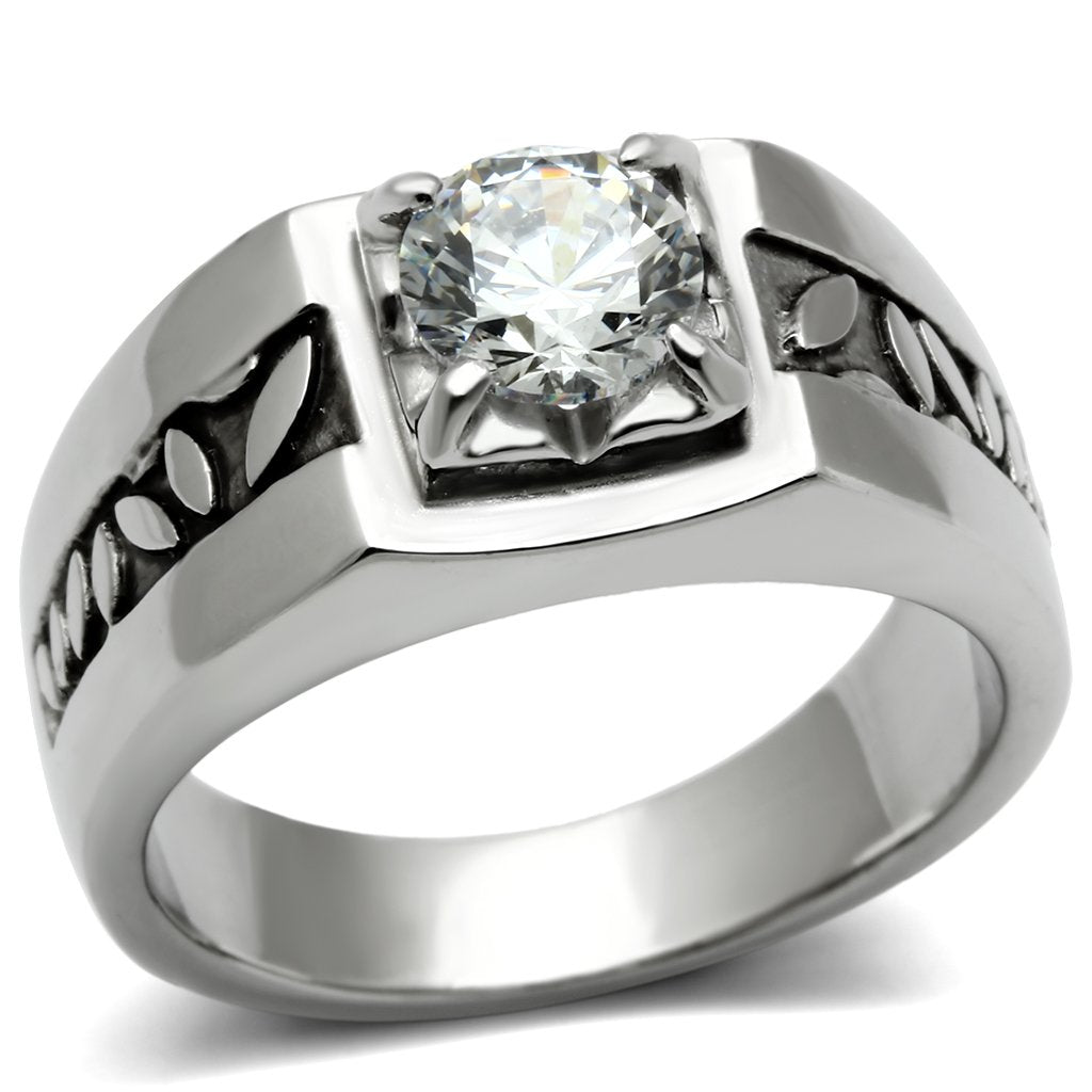 MATK356 - High polished (no plating) Stainless Steel Ring with AAA Grade CZ  in Clear